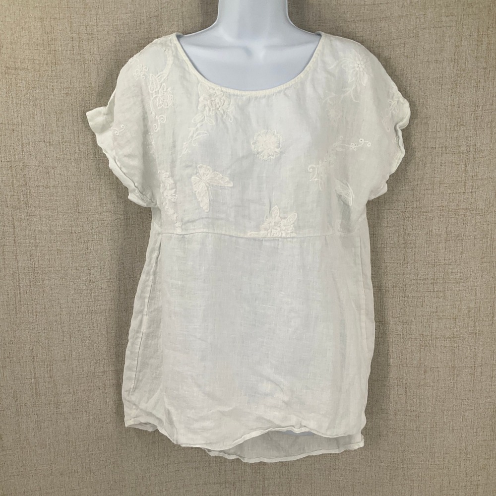 Terzo Millennio Blouse‎ Women Sz M White Linen Embroidered Lagenlook Boho Italy